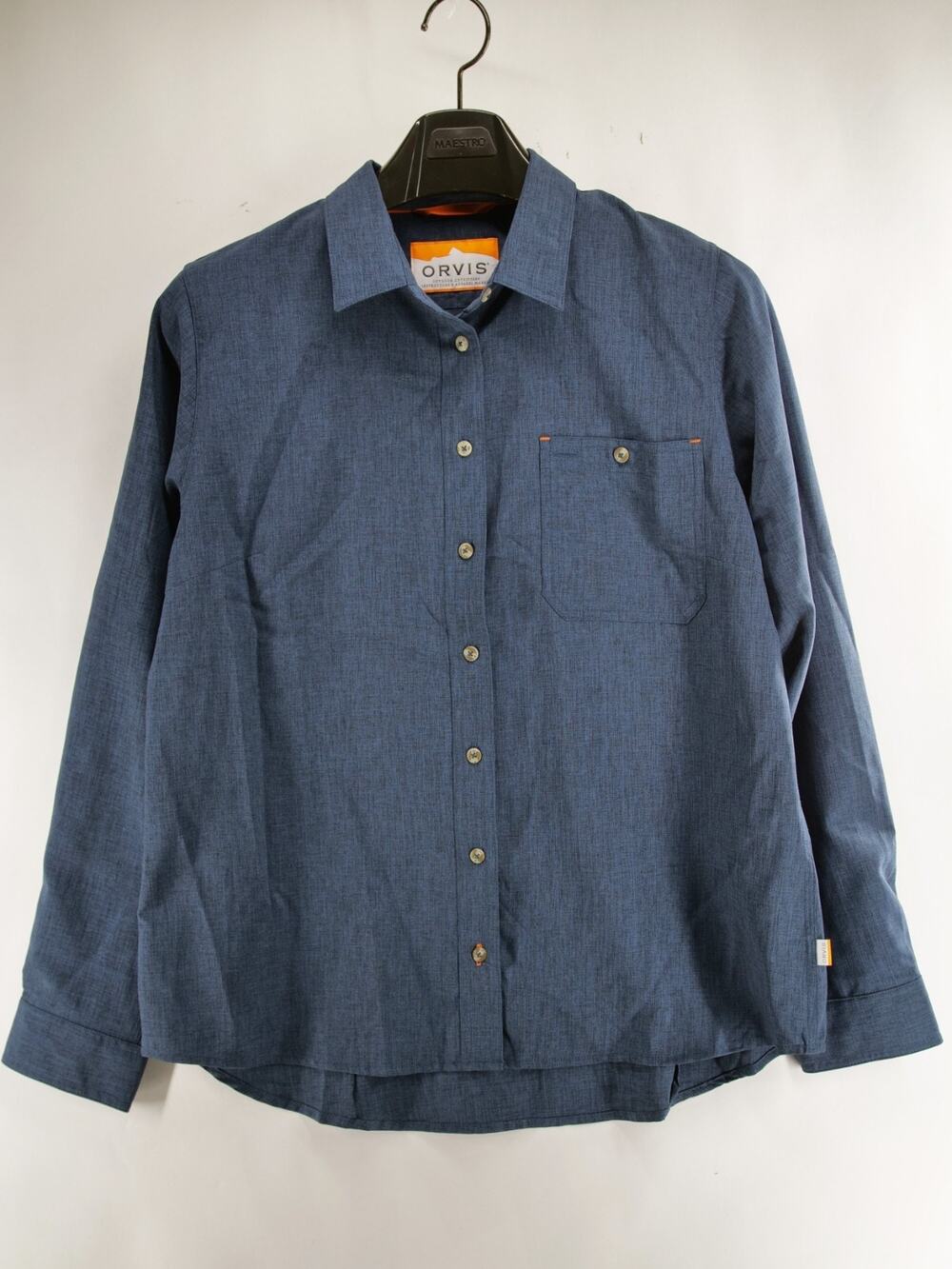Orvis Women's L Tech Chambray Shirt Long Sleeve Blue Hiking Fishing Performance